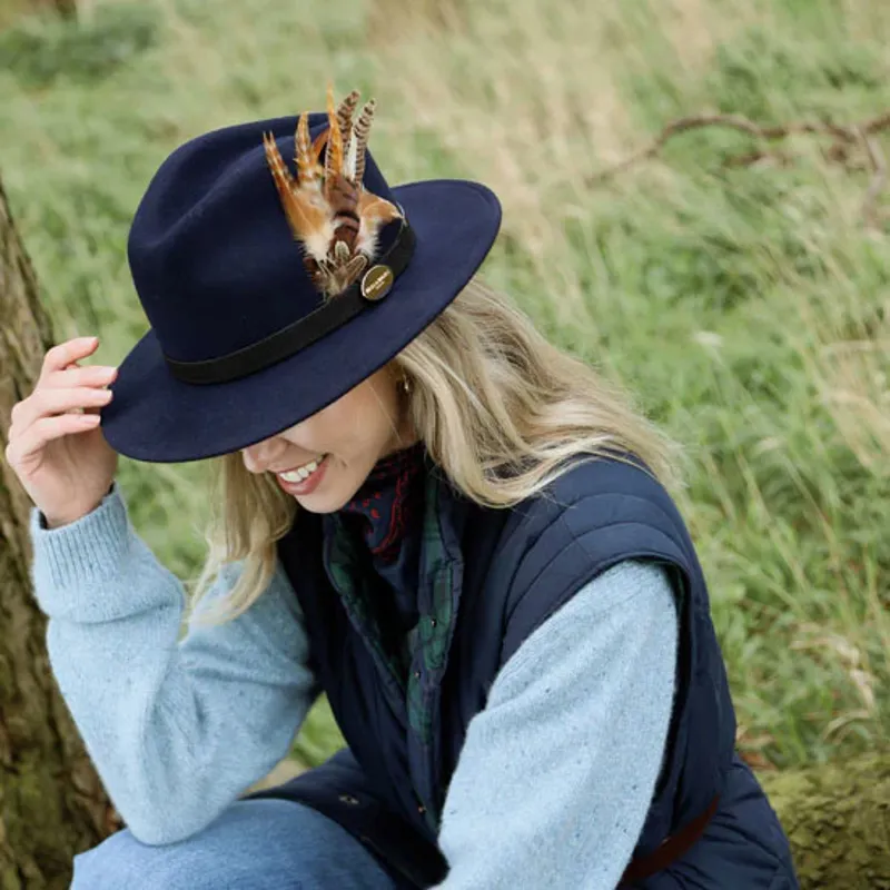 Hicks and Brown Suffolk Fedora with Bronze Feather in Navy -1