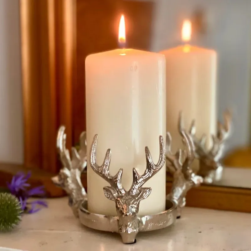 Orchid Designs Three Stag Heads Pillar Candle Holder in Nickel
