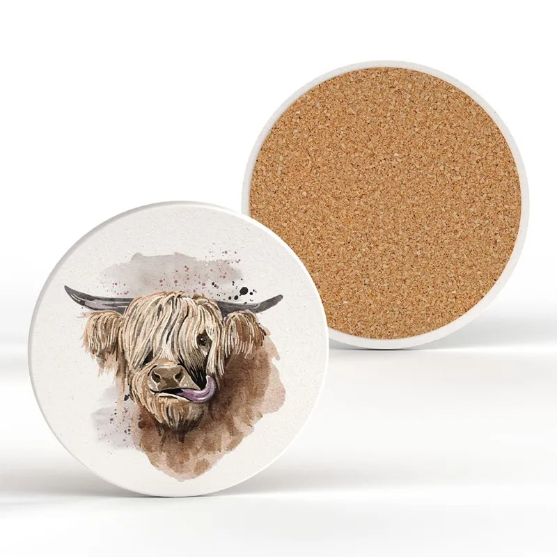 Vivid Squid Highland Cow Ceramic Coaster in White