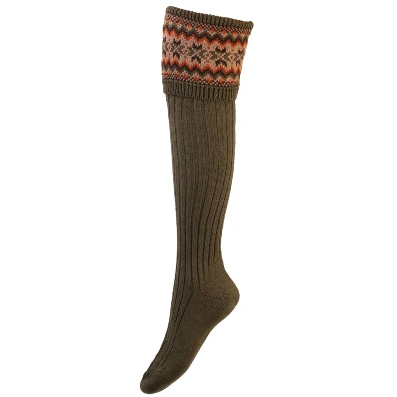 William Evans Ladies Fairisle Shooting Sock in Dark Olive